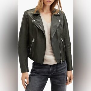 AllSaints Olive Green Leather Moto Jacket